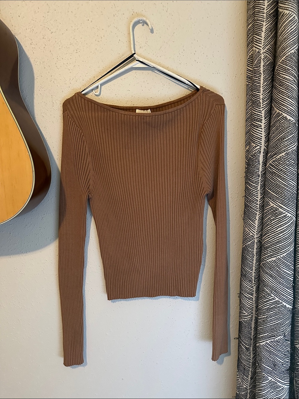 Ribbed Long-Sleeve Women's Boat Neck Top in Brown